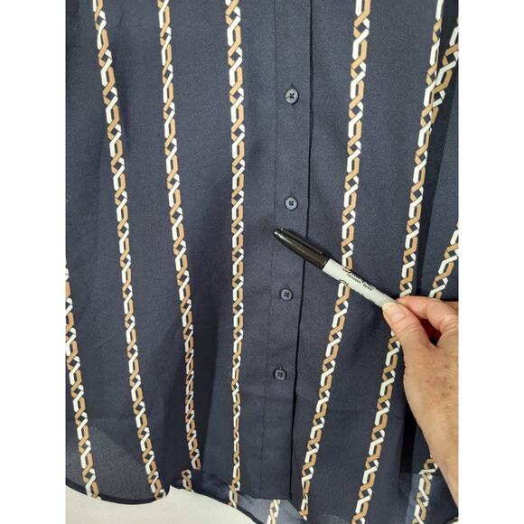 Ann Taylor Chain Link V-Neck Button Up Blouse L Navy Equestrian Career Stripe - Picture 8 of 11